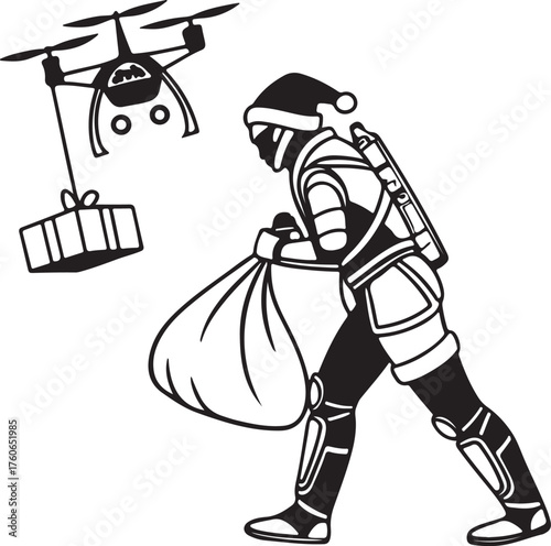 Vector silhouette of a robot Santa delivering presents with drones