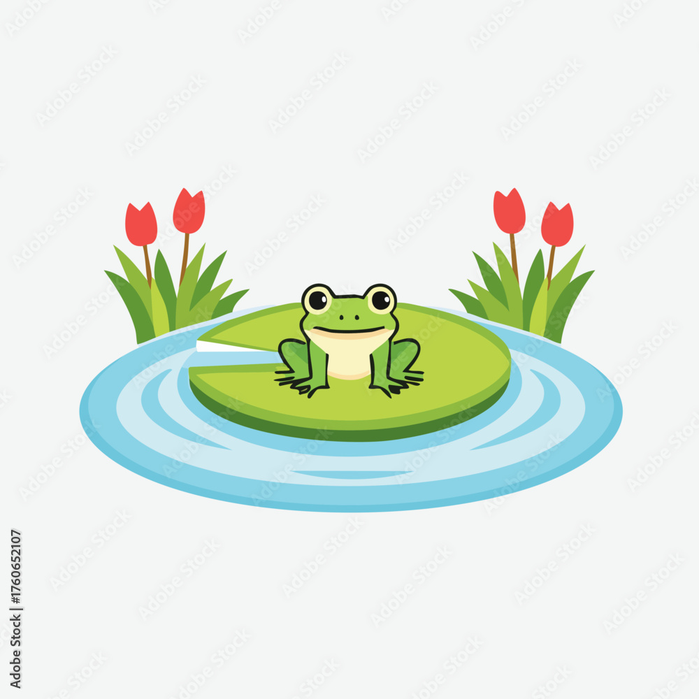 Fototapeta premium Frog on a lily pad in the water with flowers.