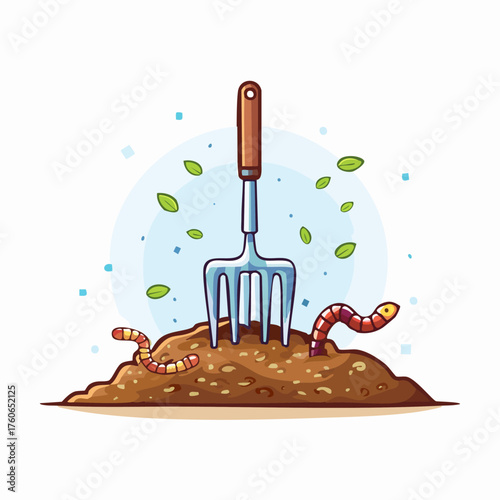 Gardening fork in soil with worms and leaves illustration.
