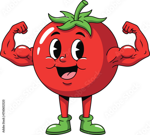 Cheerful retro cartoon tomato mascot flexing its strong biceps and smiling happily, healthy food and fitness concept with a muscular vegetable character vector illustration.