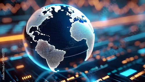 A digital globe displaying the Americas rests on a circuit board with glowing blue and orange abstract data streams in the background.