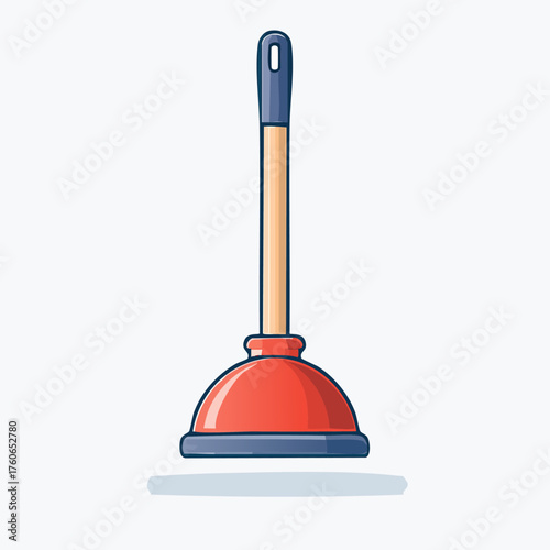 Red rubber toilet plunger with wooden handle vector illustration.