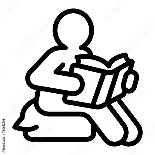 Boy with book on pillow seat line icon, book festival concept. Vector graphics. Book reading for boys sign on white background, style icon mobile or web design.