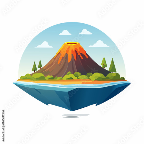 Volcano Eruption on Floating Island Cartoon Illustration.