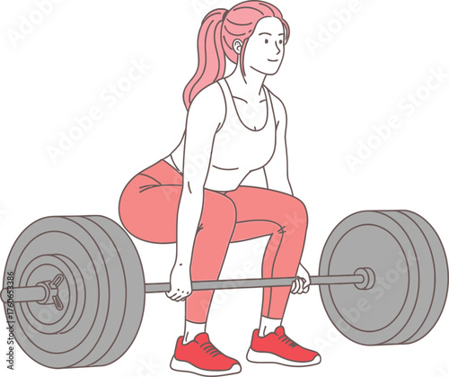 Young woman in athletic wear performing a deadlift exercise with a heavy barbell, female athlete training for weightlifting, strength workout line art vector illustration.