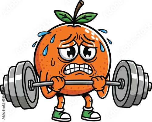 Exhausted cartoon orange character sweating and straining while lifting a very heavy weight barbell, funny fitness and healthy food vector mascot illustration.