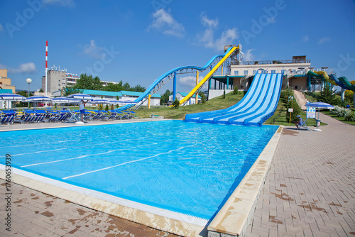 Gelendzhik resort. Zolotaya Bukhta water park. High and scary water descents in yellow and blue. Other Rear Attractions