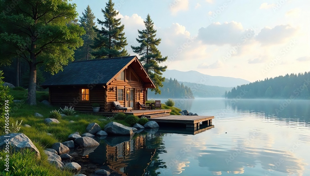 Naklejka premium Lakeside Cabin Escape Tranquil Retreat for Relaxation and Rejuvenation Amidst Towering Trees