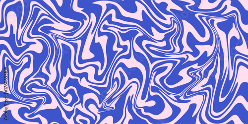 Abstract background pattern with colorful waves. Psychedelic groovy trippy y2k retro seamless pattern in blue and pink colors. Wavy and swirled brush strokes liquid background for packaging design