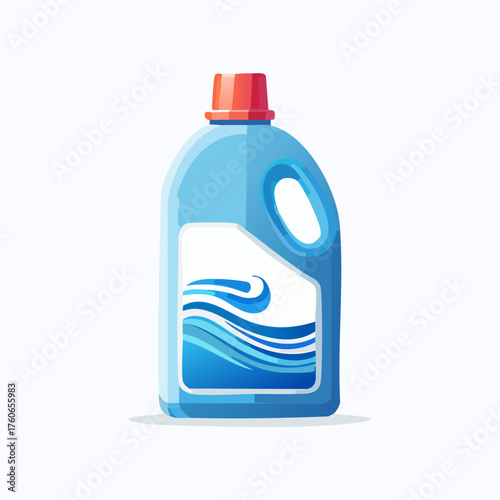 Blue plastic bottle with orange cap and wavy water design on label.
