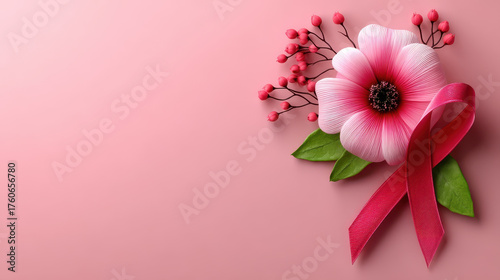 Pink flower with green leaves and red berries next to pink awareness ribbon on soft pink background, symbolizing hope and support