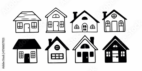 Collection home icons. House symbol. Set of real estate objects and houses black icons isolated on white background. Vector illustration.