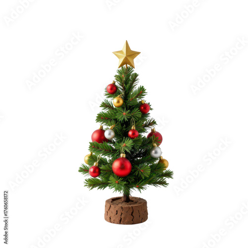 Festive mini Christmas tree adorned with colorful ornaments and golden star on top, perfect for holiday decorations and creating cheerful atmosphere