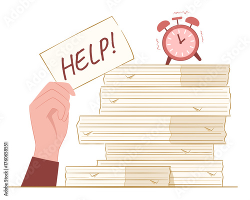 Businessman Hand Holding Up a Piece of Paper Asking for Help and Stack of Lot of Document Files for Overload Working and Overburdened Concept Illustration Clip Art