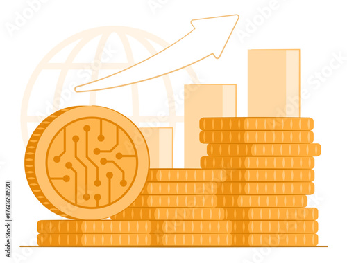 Stack of Digital Coin Asset with Rising Growth Financial Bar Chart for Online Investment in Cryptocurrency and Block Chain Industry Concept Illustration Clip Art