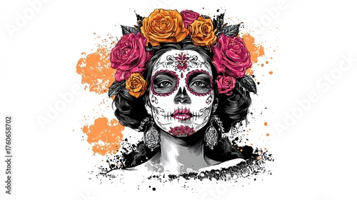 Vibrant Dia de los Muertos altar bursting with colorful marigolds, candles, and sugar skulls, honoring departed loved ones with joyous celebration and deep respect.