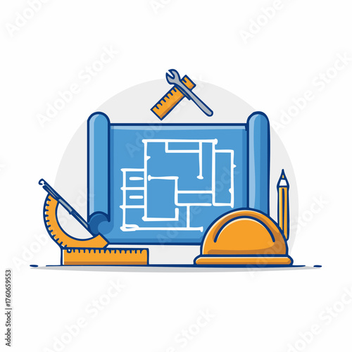 Architectural Blueprint with Tools - A Detailed Construction Illustration.