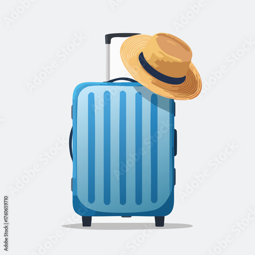 Blue suitcase with straw hat for travel and vacation.