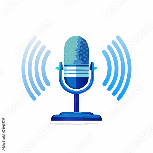 Blue studio microphone broadcasting sound waves icon.
