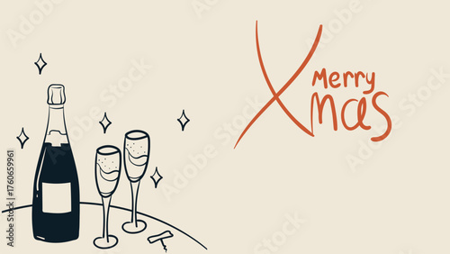 Merry Christmas greeting card, banner. Doodle drawing of champagne bottle and wine glasses. Vintage ink sketch minimalist style. Hand drawn retro style vector illustration.