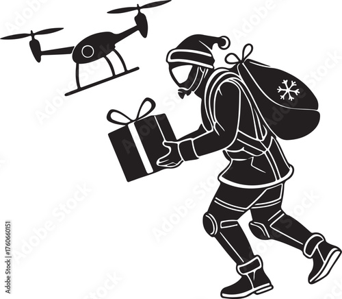 Vector silhouette of a robot Santa delivering presents with drones
