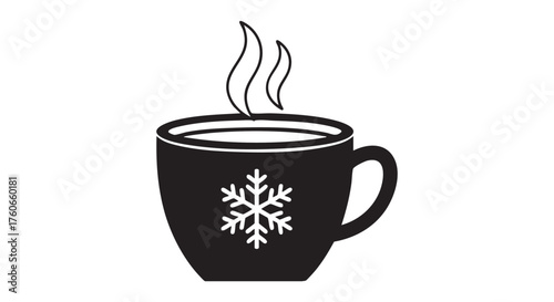 Vector art of a steaming cup of hot chocolate with a snowflake