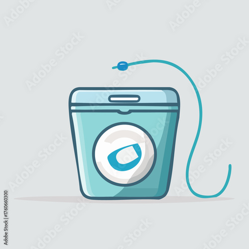 Dental floss container with blue string for oral hygiene.