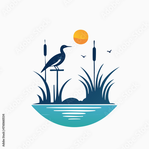 Elegant heron silhouette perched in a serene marshy pond.