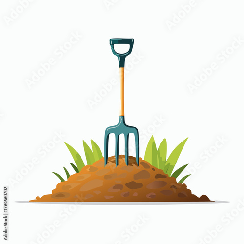 Garden Fork Stuck in Soil with Green Grass Illustration.