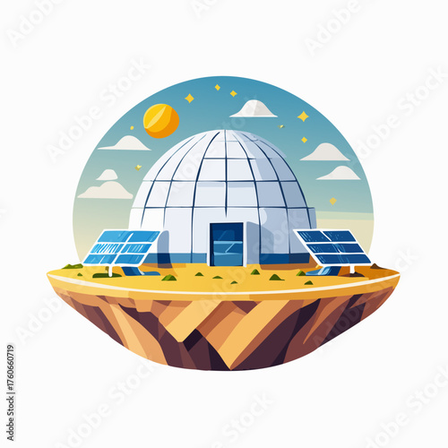 Futuristic Dome House with Solar Panels on Floating Island.