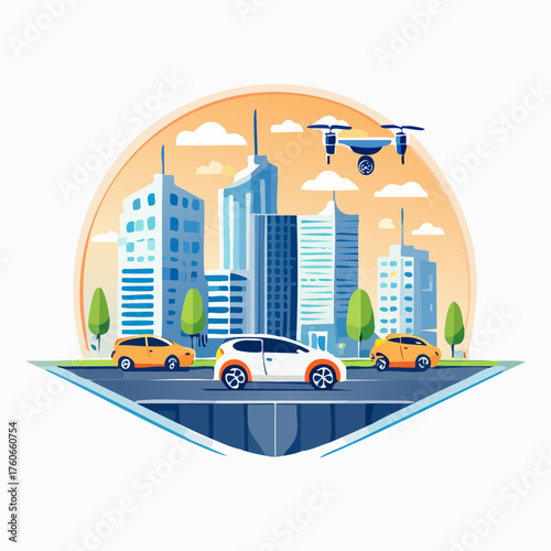 Futuristic Cityscape with Autonomous Cars and Delivery Drone.