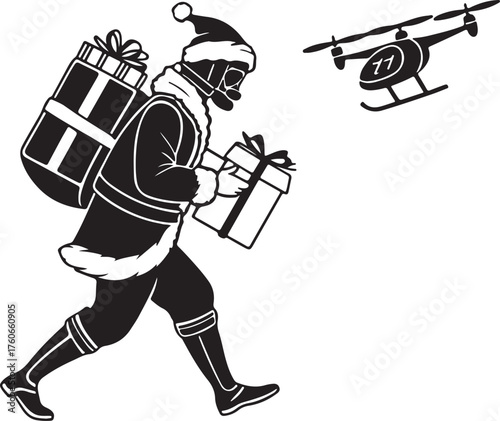 Vector silhouette of a robot Santa delivering presents with drones