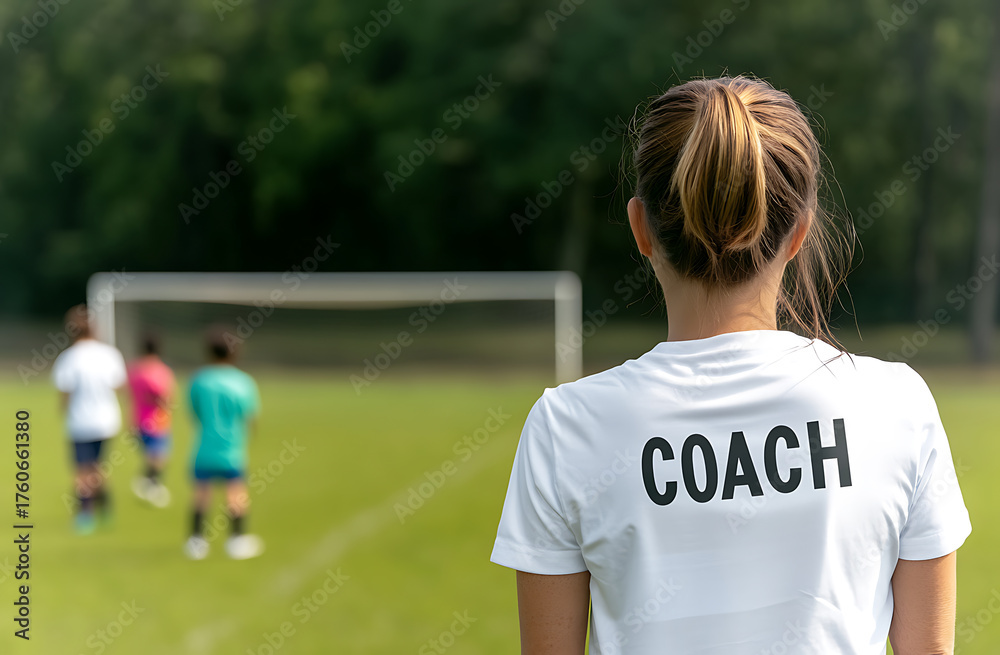 Naklejka premium Focused female coach, wearing a white shirt with the word 