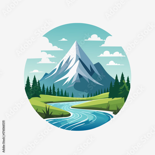 Majestic Mountain Landscape with River and Forest.