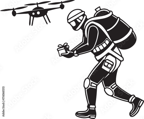 Vector silhouette of a robot Santa delivering presents with drones
