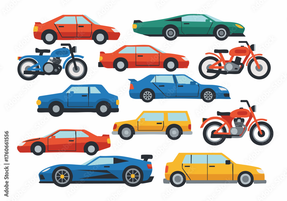 Naklejka premium A vibrant collection of diverse cartoon-style cars and motorcycles, showcasing various vehicle types in a flat design illustration, perfect for transport and automotive themes
