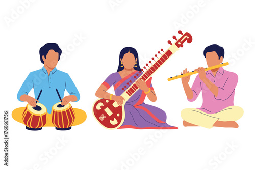 Illustrative depiction of Indian classical musicians playing various instruments, highlighting cultural performances and traditional art forms