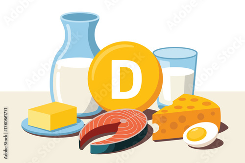 Collection of food sources rich in Vitamin D, including salmon, milk, cheese, butter, and eggs. Healthy eating and nutrition concept