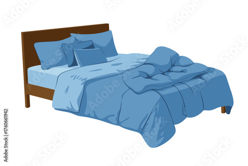 Inviting blue bed with a classic wooden frame, perfectly designed for creating a comfortable sleep sanctuary and ensuring serene relaxation in any modern bedroom