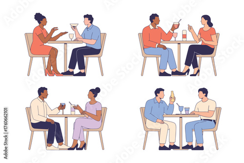 A collection of modern flat vector illustrations depicting diverse couples on dates, enjoying drinks and engaging in conversation at a table