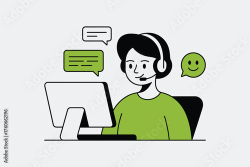 Customer service representative with headset and computer, providing support and communication through digital chat and virtual assistance, a modern contact center agent illustration
