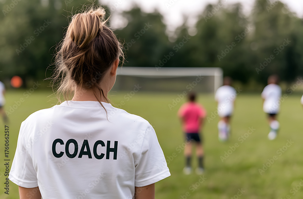 Naklejka premium Female coach observes her team during practice on a soccer field. Her white shirt says