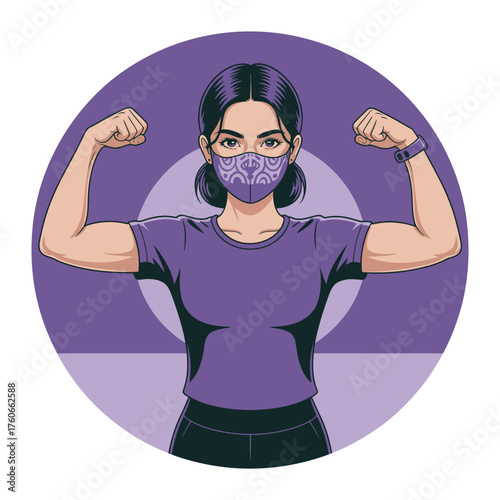 Empowered woman wearing a protective face mask, confidently flexing her muscles against a vibrant purple background, symbolizing strength, resilience, and health advocacy