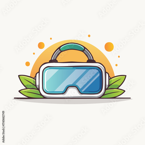 Virtual Reality Headset with Leaves and Sun Illustration.