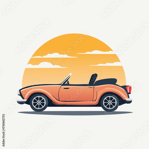 Vintage Convertible Car Against Sunset Backdrop Illustration.