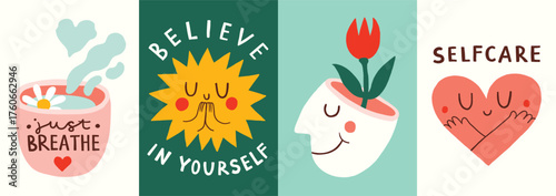 Mental health abstract poster template set with green, yellow, pink elements. Sun, cup of tea, heart, flower growing from head. Positive quotes posters with text, set. Poster, card, vertical banner