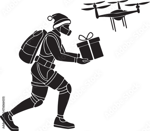 Vector silhouette of a robot Santa delivering presents with drones
