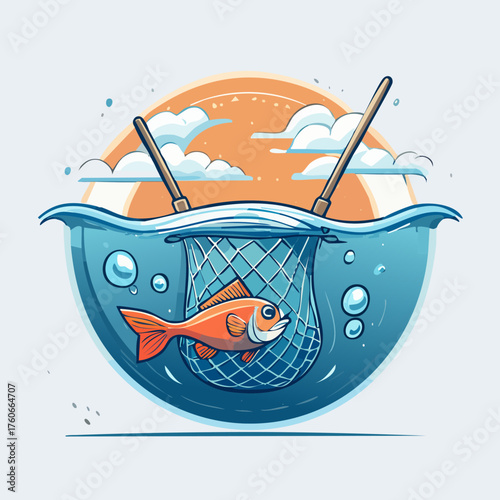 A single goldfish captured in a fishing net inside a fishbowl.
