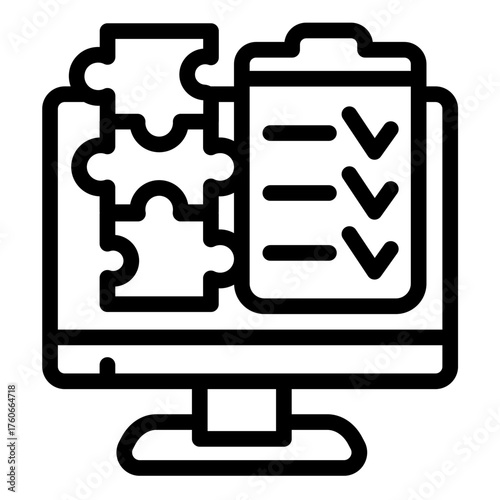 Monitor with checklist of puzzle pieces line icon, data hoarding concept. Vector graphics. Content creation list sign on white background, style icon mobile or web design.