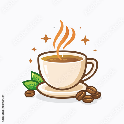 Aromatic Coffee Cup with Beans and Steam Illustration.